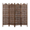 71 Inch 4 Panel Mango Wood Room Divider, Hand Carved, Sun & Moon Design, Brown By The Urban Port