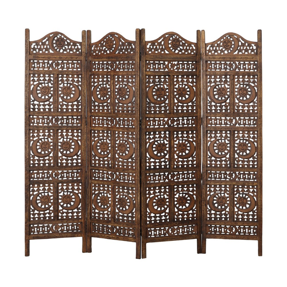 71 Inch 4 Panel Mango Wood Room Divider, Hand Carved, Sun & Moon Design, Brown By The Urban Port