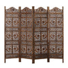 71 Inch 4 Panel Mango Wood Room Divider, Hand Carved, Sun & Moon Design, Brown By The Urban Port