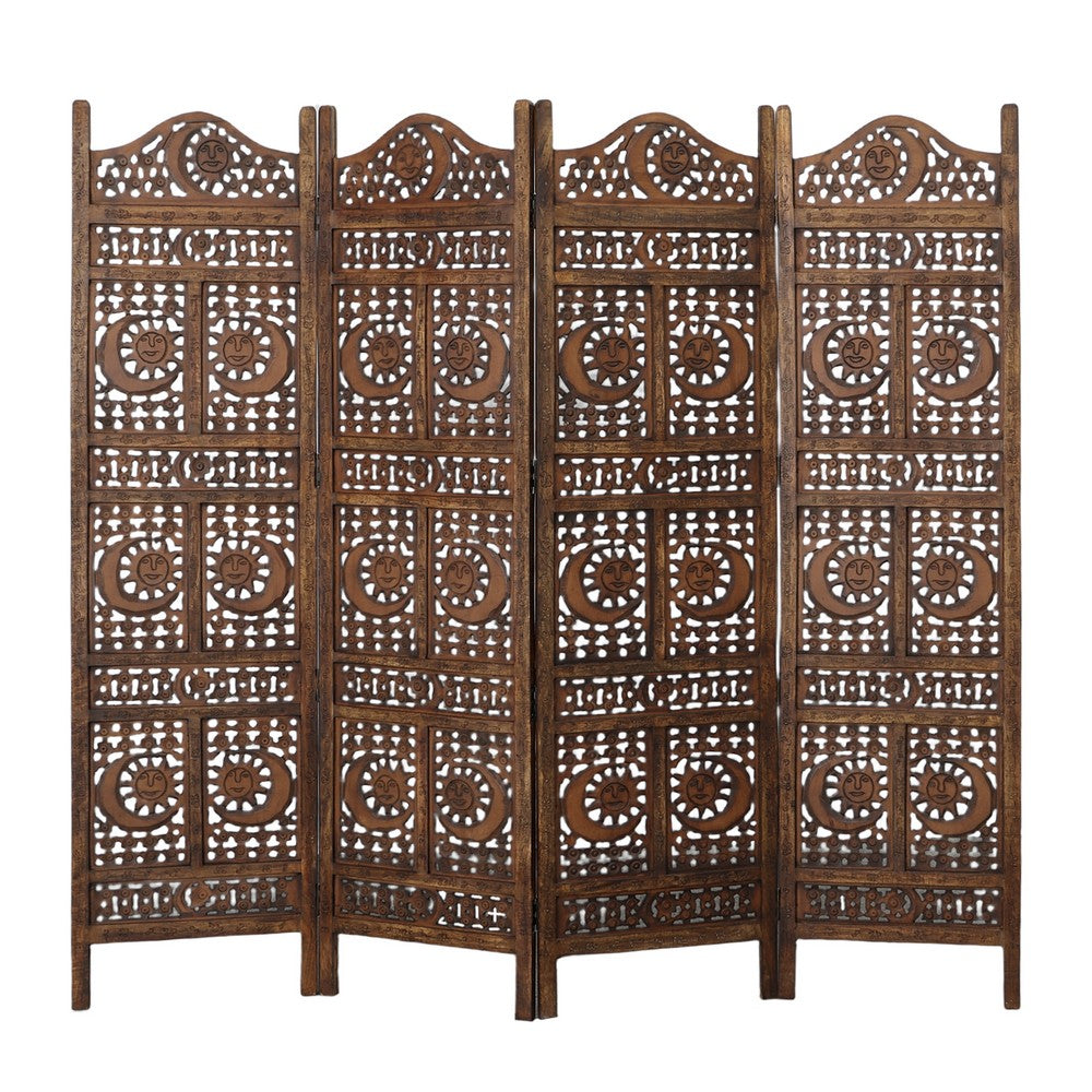 71 Inch 4 Panel Mango Wood Room Divider, Hand Carved, Sun & Moon Design, Brown By The Urban Port