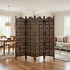 71 Inch 4 Panel Mango Wood Room Divider, Hand Carved, Sun & Moon Design, Brown By The Urban Port