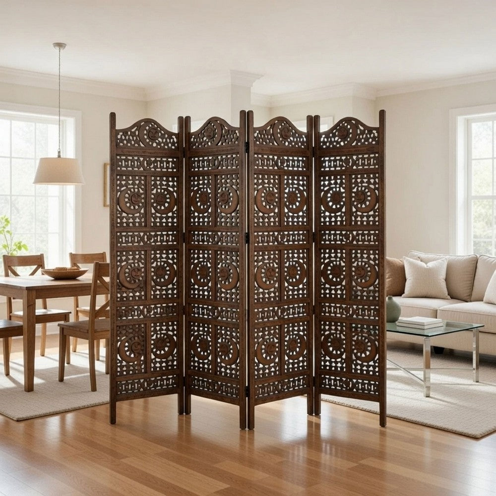71 Inch 4 Panel Mango Wood Room Divider, Hand Carved, Sun & Moon Design, Brown By The Urban Port