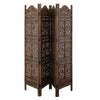 71 Inch 4 Panel Mango Wood Room Divider, Hand Carved, Sun & Moon Design, Brown By The Urban Port
