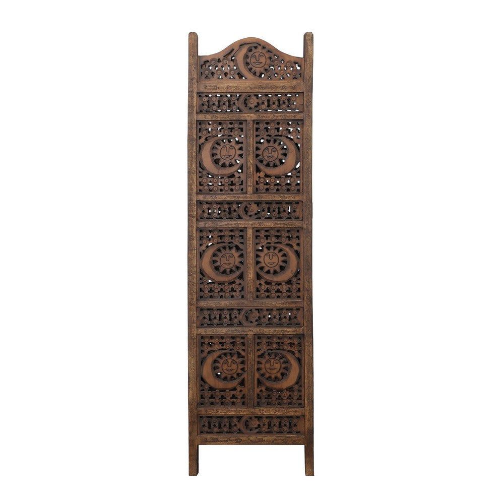 71 Inch 4 Panel Mango Wood Room Divider, Hand Carved, Sun & Moon Design, Brown By The Urban Port