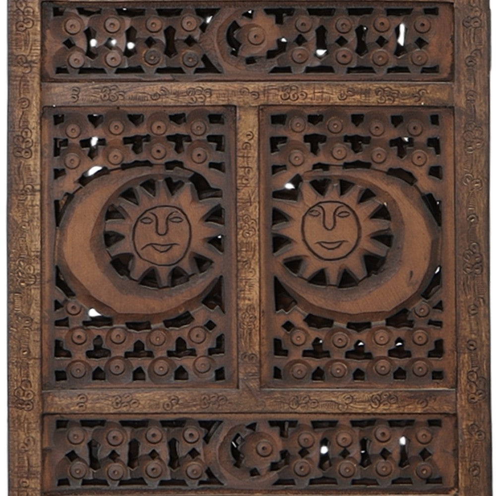 71 Inch 4 Panel Mango Wood Room Divider, Hand Carved, Sun & Moon Design, Brown By The Urban Port