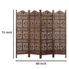 71 Inch 4 Panel Mango Wood Room Divider, Hand Carved, Sun & Moon Design, Brown By The Urban Port