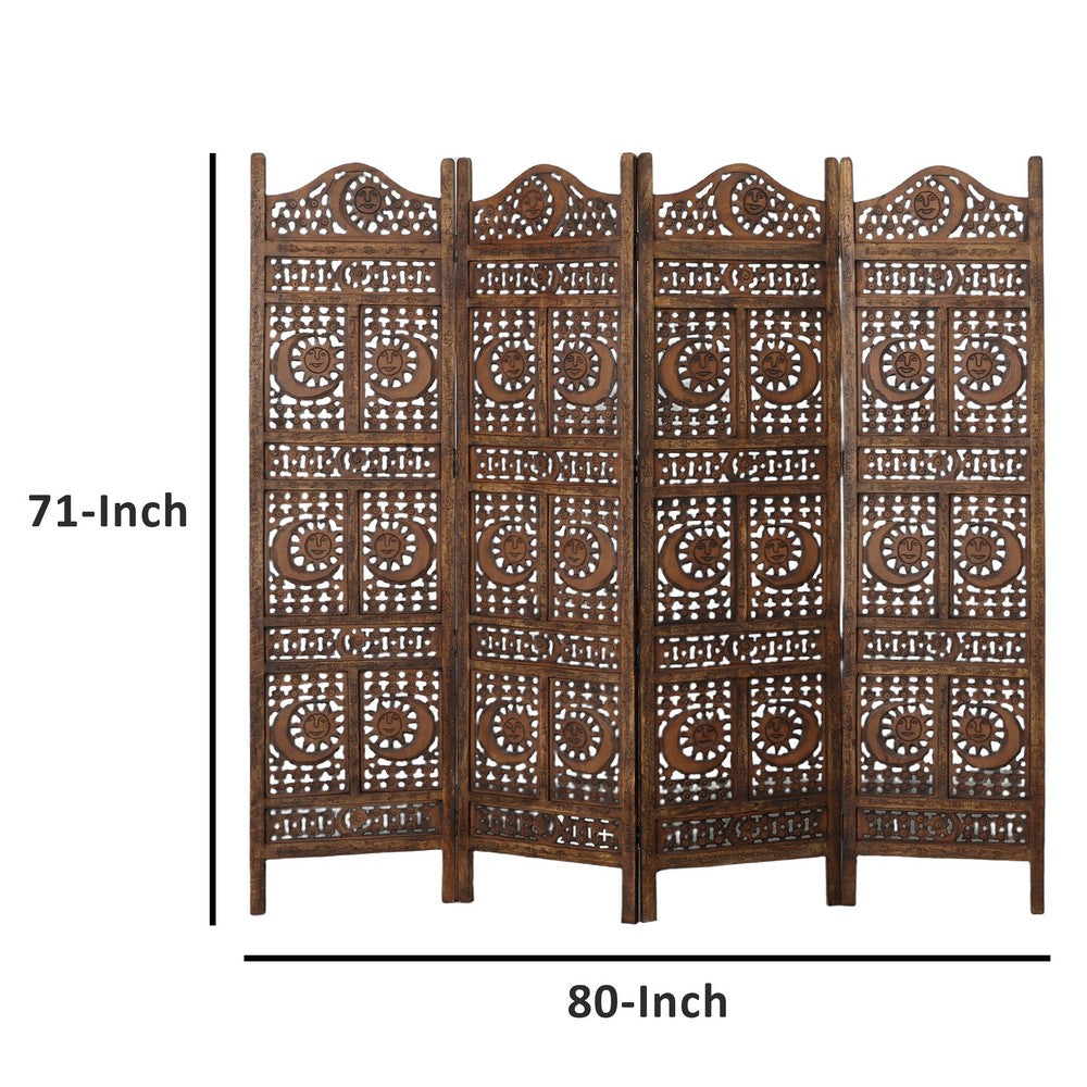 71 Inch 4 Panel Mango Wood Room Divider, Hand Carved, Sun & Moon Design, Brown By The Urban Port