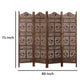 71 Inch 4 Panel Mango Wood Room Divider, Hand Carved, Sun & Moon Design, Brown By The Urban Port