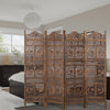 71 Inch 4 Panel Mango Wood Room Divider, Hand Carved, Sun & Moon Design, Brown By The Urban Port