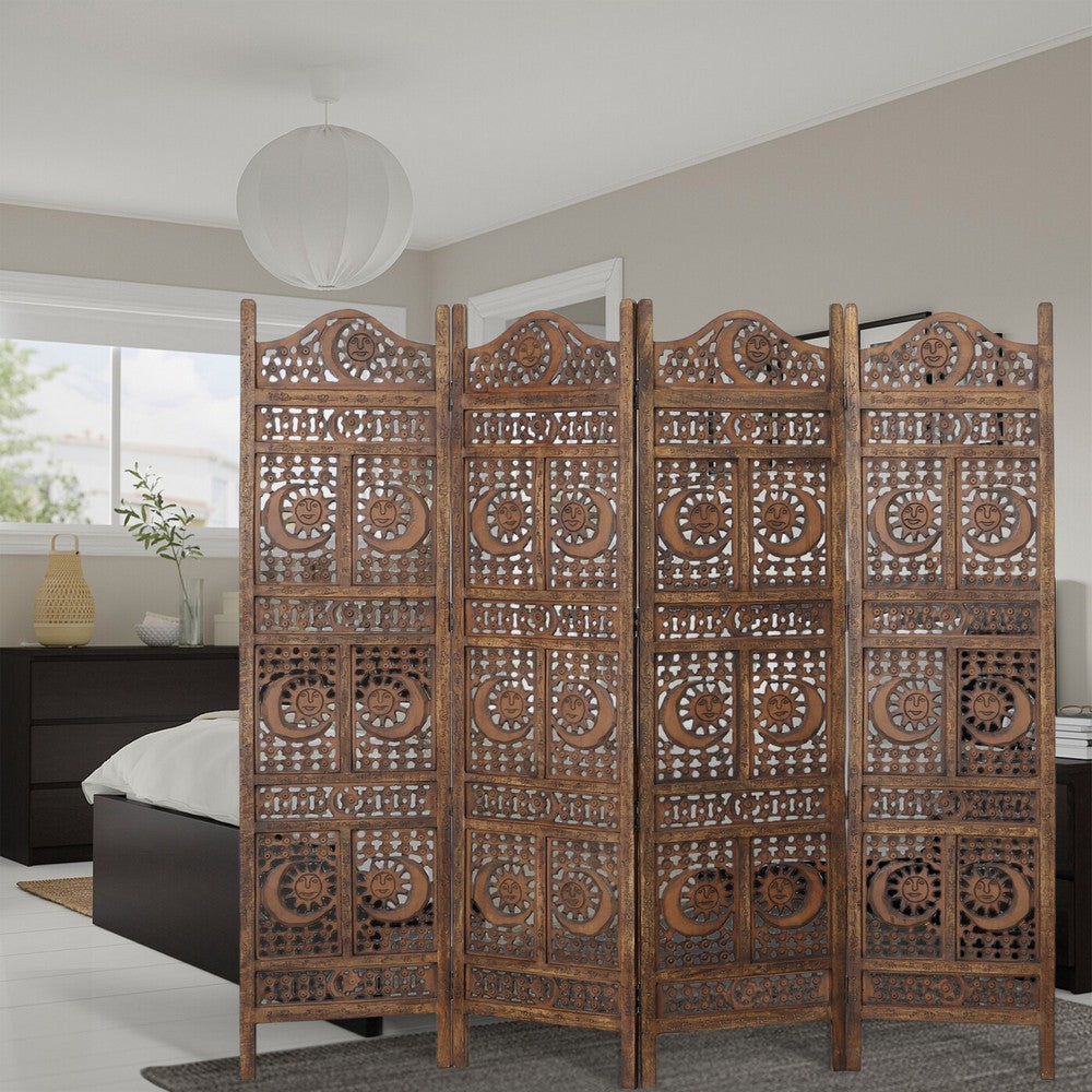 71 Inch 4 Panel Mango Wood Room Divider, Hand Carved, Sun & Moon Design, Brown By The Urban Port