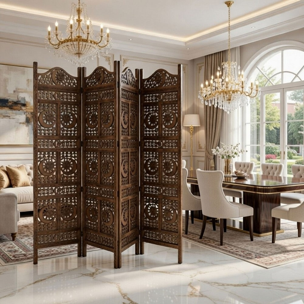 71 Inch 4 Panel Mango Wood Room Divider, Hand Carved, Sun & Moon Design, Brown By The Urban Port