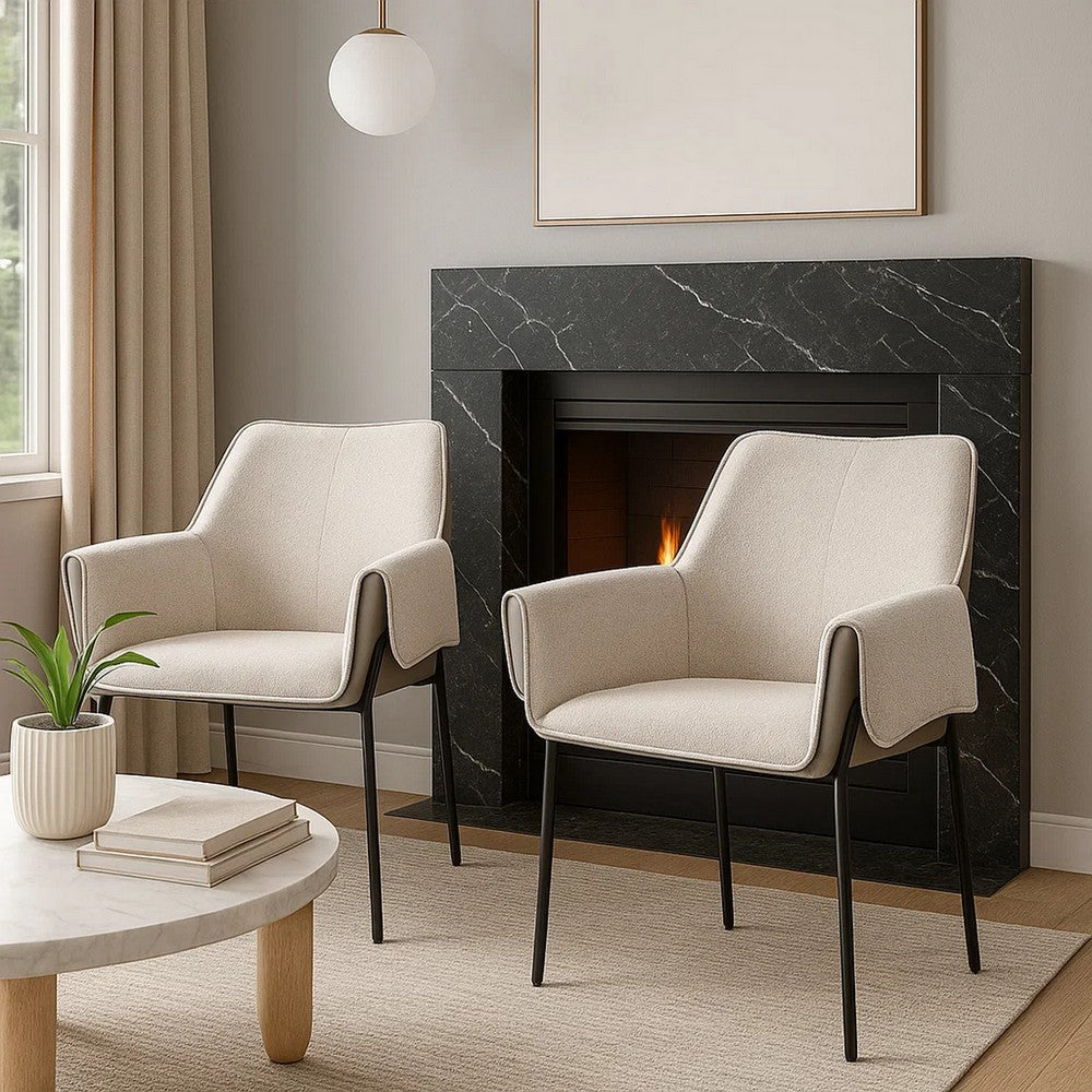 Jory Armchair Set of 2 | Beige Chenille Fabric | Slim Black Metal Legs