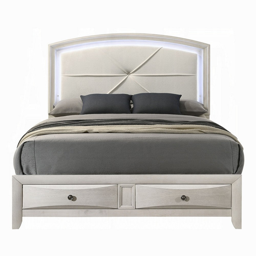 Remy Queen Size Bed with LED Headboard | 2 Bottom Drawers | Antique White