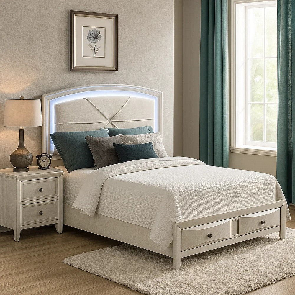 Remy Queen Size Bed with LED Headboard | 2 Bottom Drawers | Antique White
