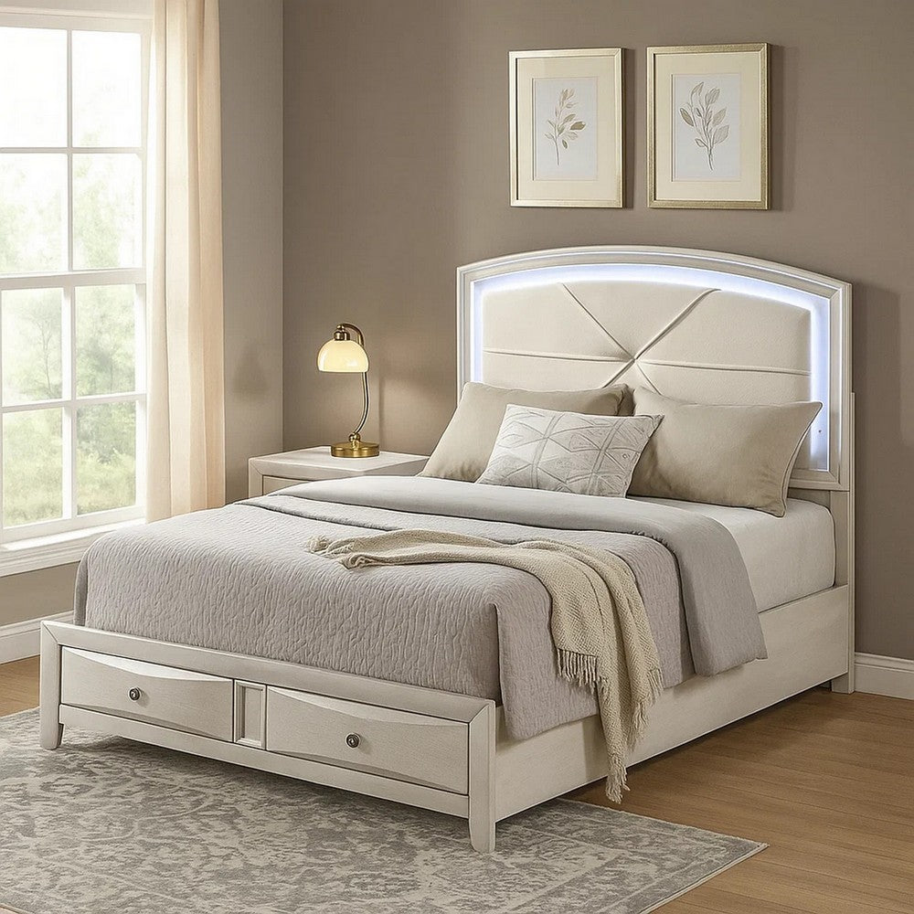 Remy Queen Size Bed with LED Headboard | 2 Bottom Drawers | Antique White
