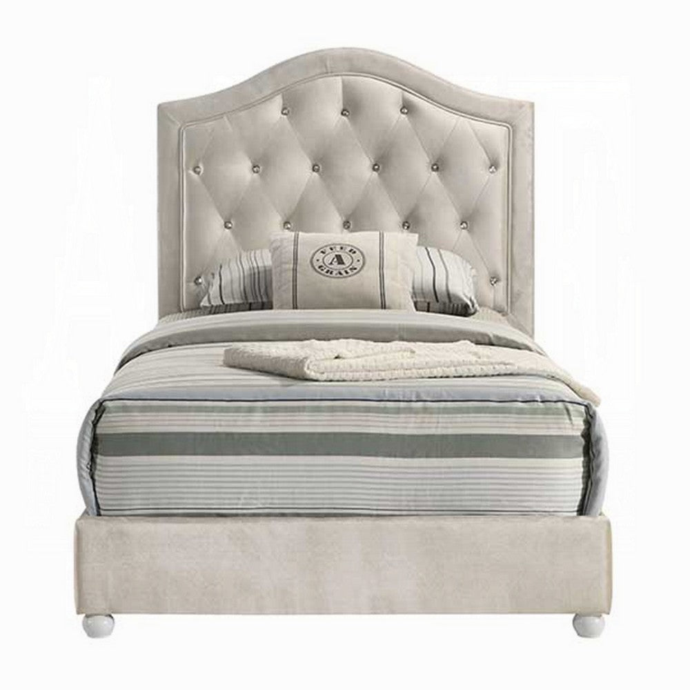 Rex Full Size Bed with Storage & Beige Button Tufted Arched Headboard
