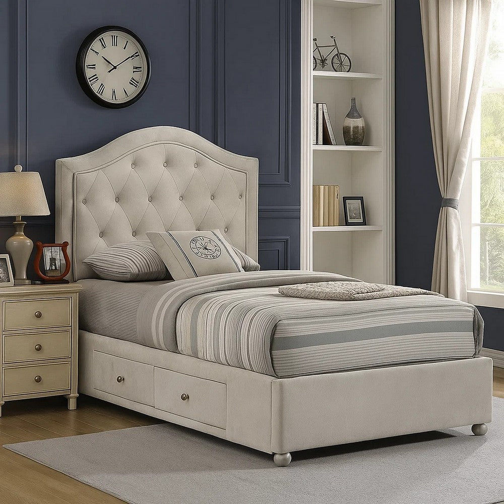 Rex Full Size Bed with Storage & Beige Button Tufted Arched Headboard