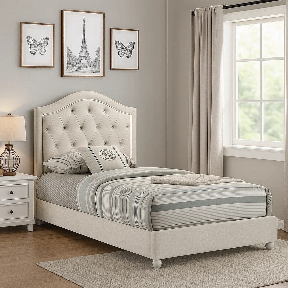 Rex Full Size Bed with Storage & Beige Button Tufted Arched Headboard