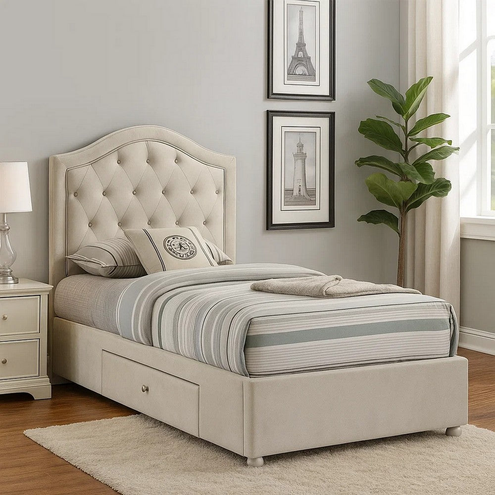 Rex Twin Size Bed with Storage & Beige Button Tufted Arched Headboard