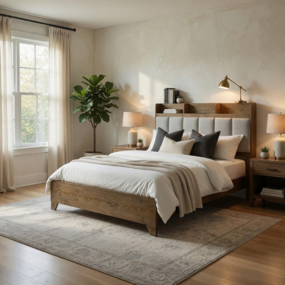 Gary King Size Bed with Tufted Headboard & USB Ports | Aspen Brown Wood