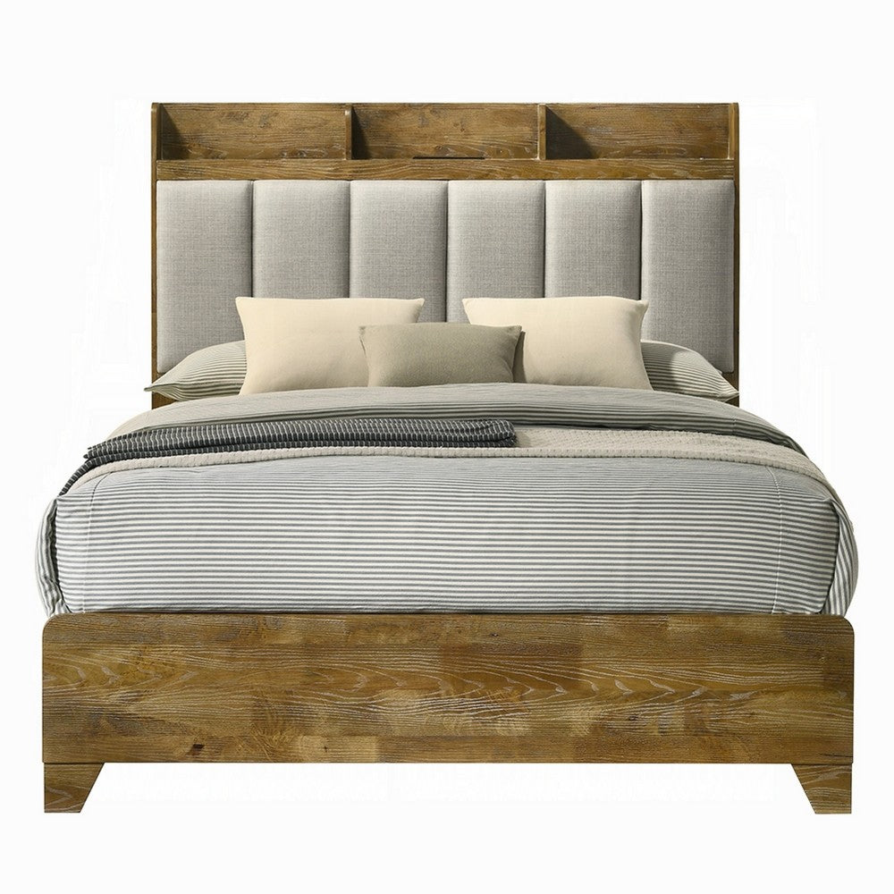 Gary Queen Size Bed with Tufted Headboard & USB Ports | Aspen Brown Wood