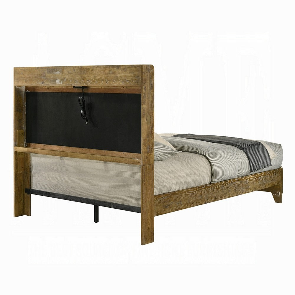 Gary Queen Size Bed with Tufted Headboard & USB Ports | Aspen Brown Wood