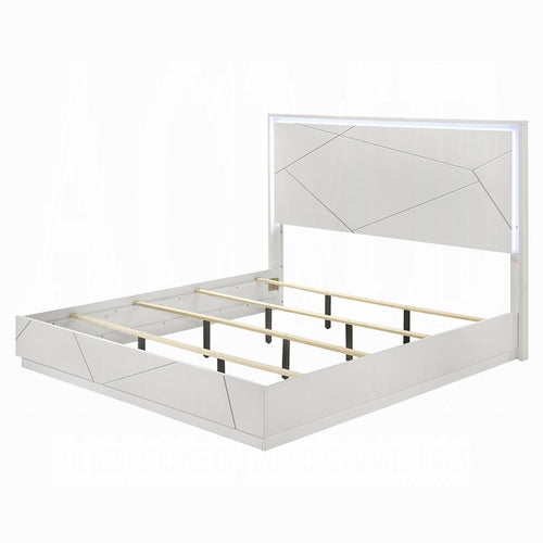 Esy King Size Storage Bed with LED Headboard | USB Ports | White & Silver