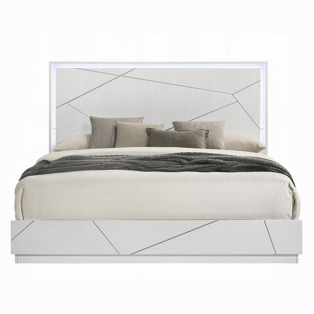 Esy Queen Size Storage Bed with LED Headboard | USB Ports | White & Silver