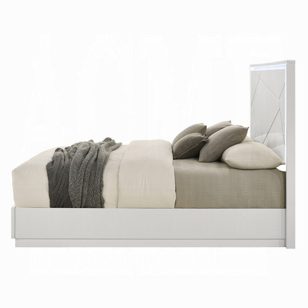Esy Queen Size Storage Bed with LED Headboard | USB Ports | White & Silver