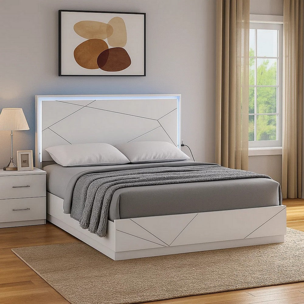 Esy Queen Size Storage Bed with LED Headboard | USB Ports | White & Silver