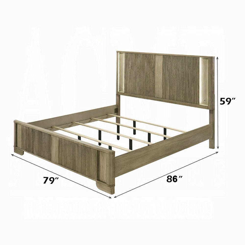 Leky King Bed | LED Headboard | Fluted Patterns | Antique Oak Brown Wood