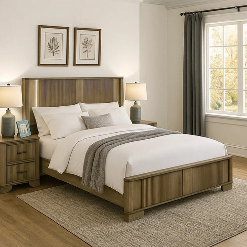 Leky Queen Bed | LED Headboard | Fluted Patterns | Antique Oak Brown Wood