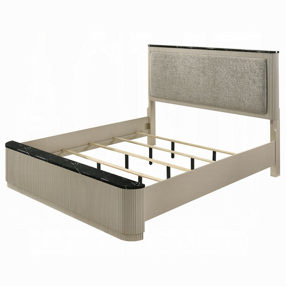 Trex King Bed | Gray Linen Upholstery | Marble Print | Fluted Beige Wood