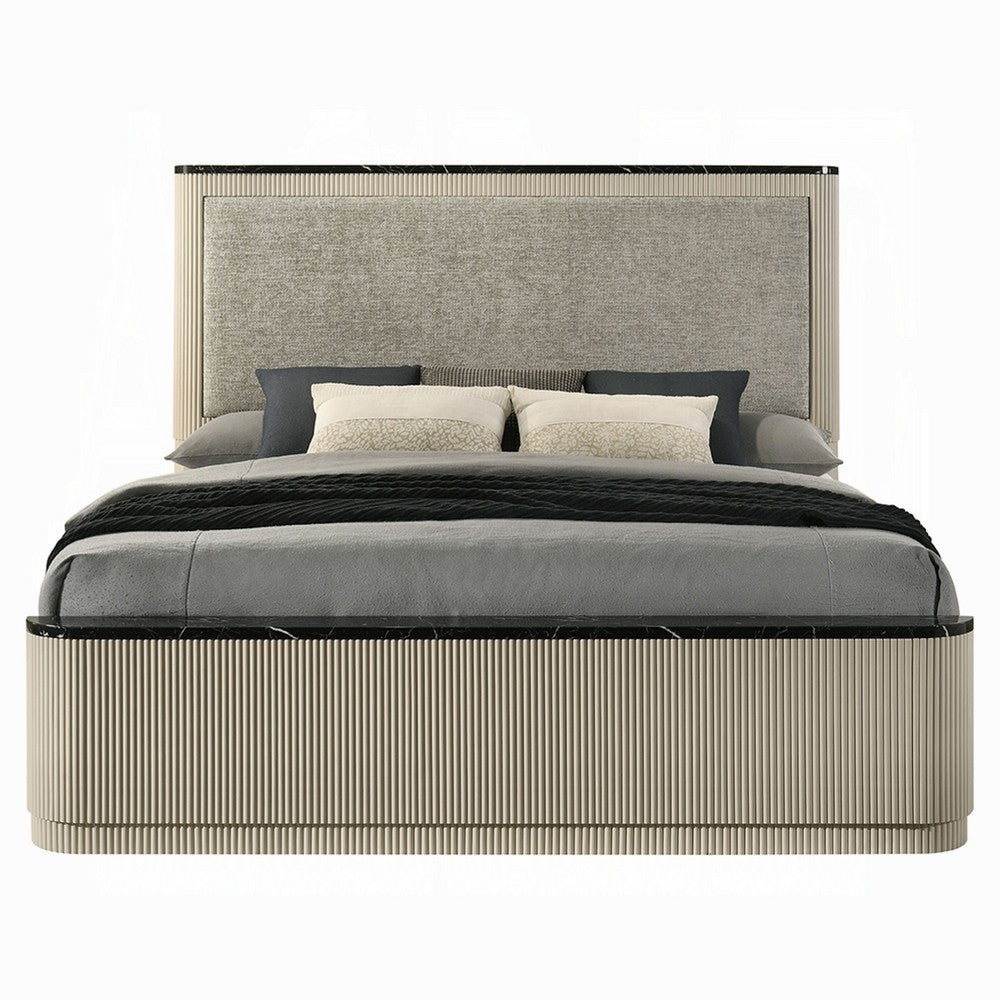 Trex King Bed | Gray Linen Upholstery | Marble Print | Fluted Beige Wood