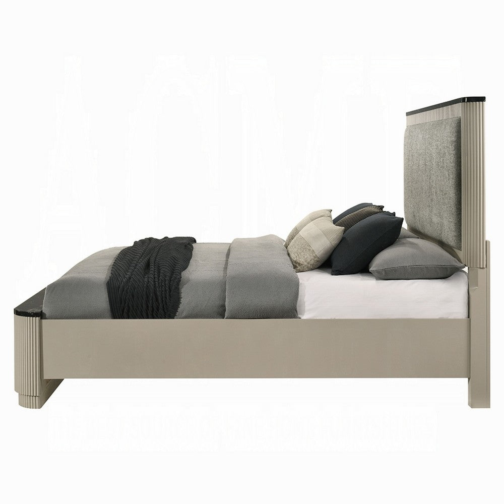 Trex King Bed | Gray Linen Upholstery | Marble Print | Fluted Beige Wood