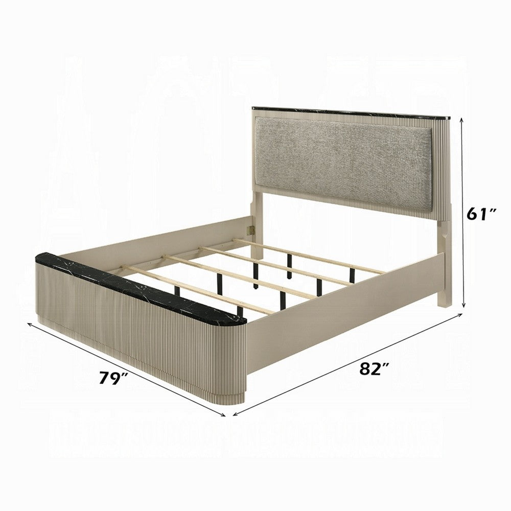 Trex King Bed | Gray Linen Upholstery | Marble Print | Fluted Beige Wood