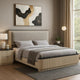 Trex King Bed | Gray Linen Upholstery | Marble Print | Fluted Beige Wood