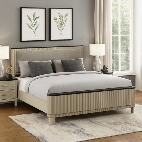 Trex King Bed | Gray Linen Upholstery | Marble Print | Fluted Beige Wood