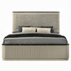Trex Queen Bed | Gray Linen Upholstery | Marble Print | Fluted Beige Wood
