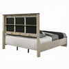 Trex Queen Bed | Gray Linen Upholstery | Marble Print | Fluted Beige Wood