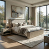 Trex Queen Bed | Gray Linen Upholstery | Marble Print | Fluted Beige Wood
