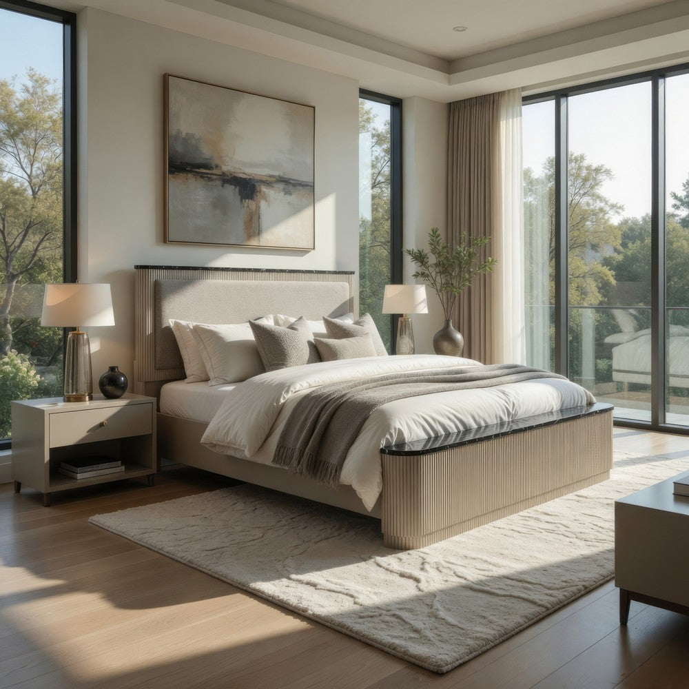Trex Queen Bed | Gray Linen Upholstery | Marble Print | Fluted Beige Wood