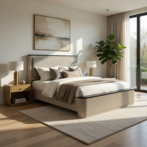 Trex Queen Bed | Gray Linen Upholstery | Marble Print | Fluted Beige Wood
