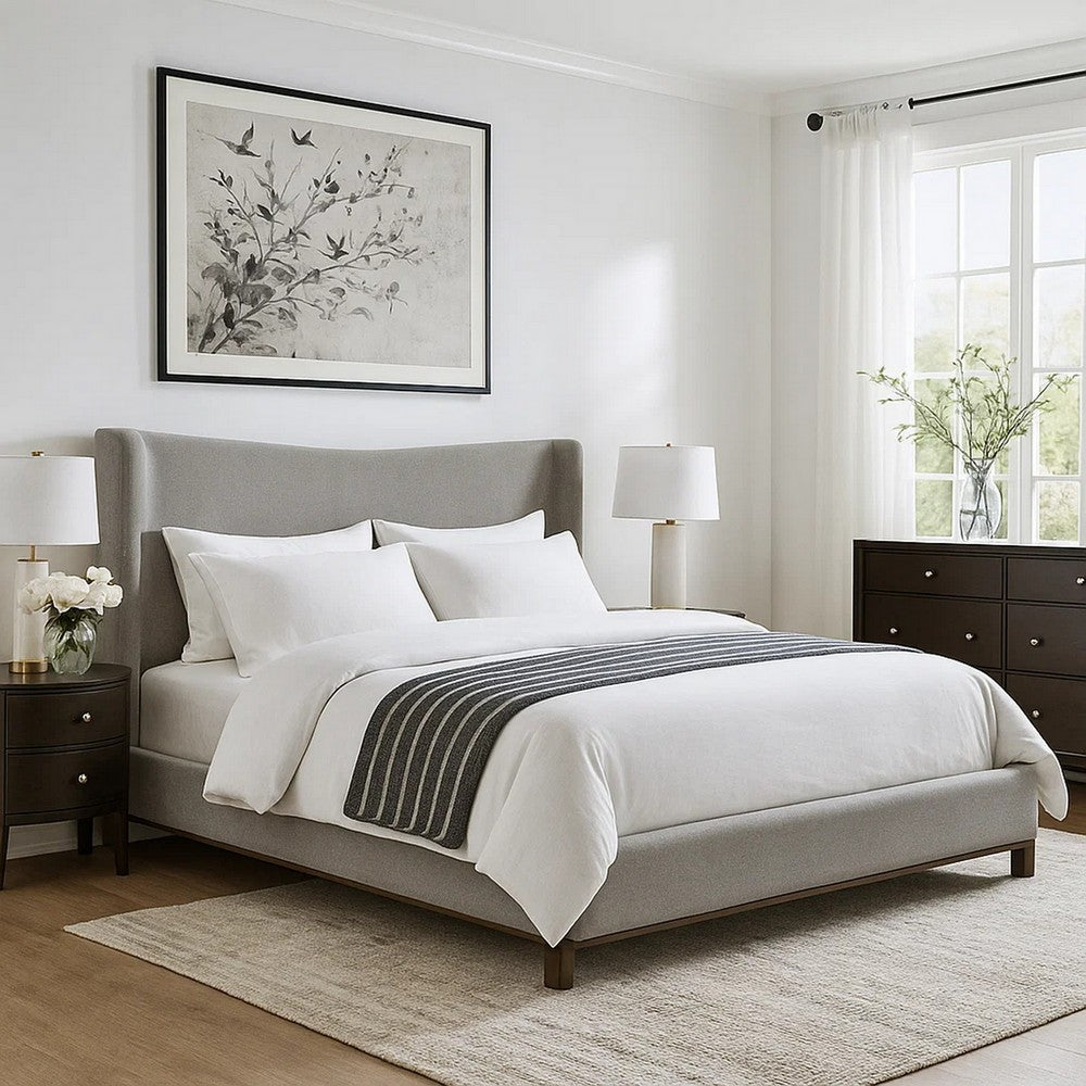 Mely King Platform Bed | Wingback Headboard Gray Chenille Upholstery