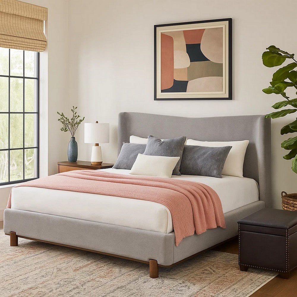 Mely King Platform Bed | Wingback Headboard Gray Chenille Upholstery