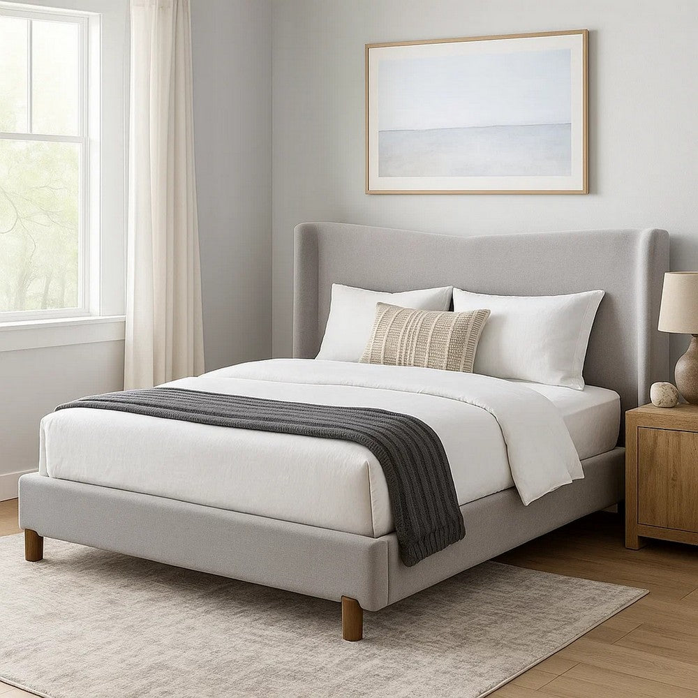 Mely Queen Platform Bed | Wingback Headboard Gray Chenille Upholstery