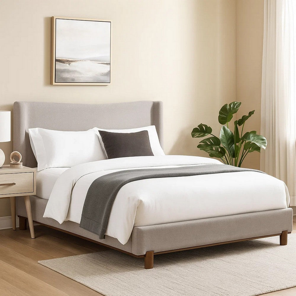 Mely Queen Platform Bed | Wingback Headboard Gray Chenille Upholstery