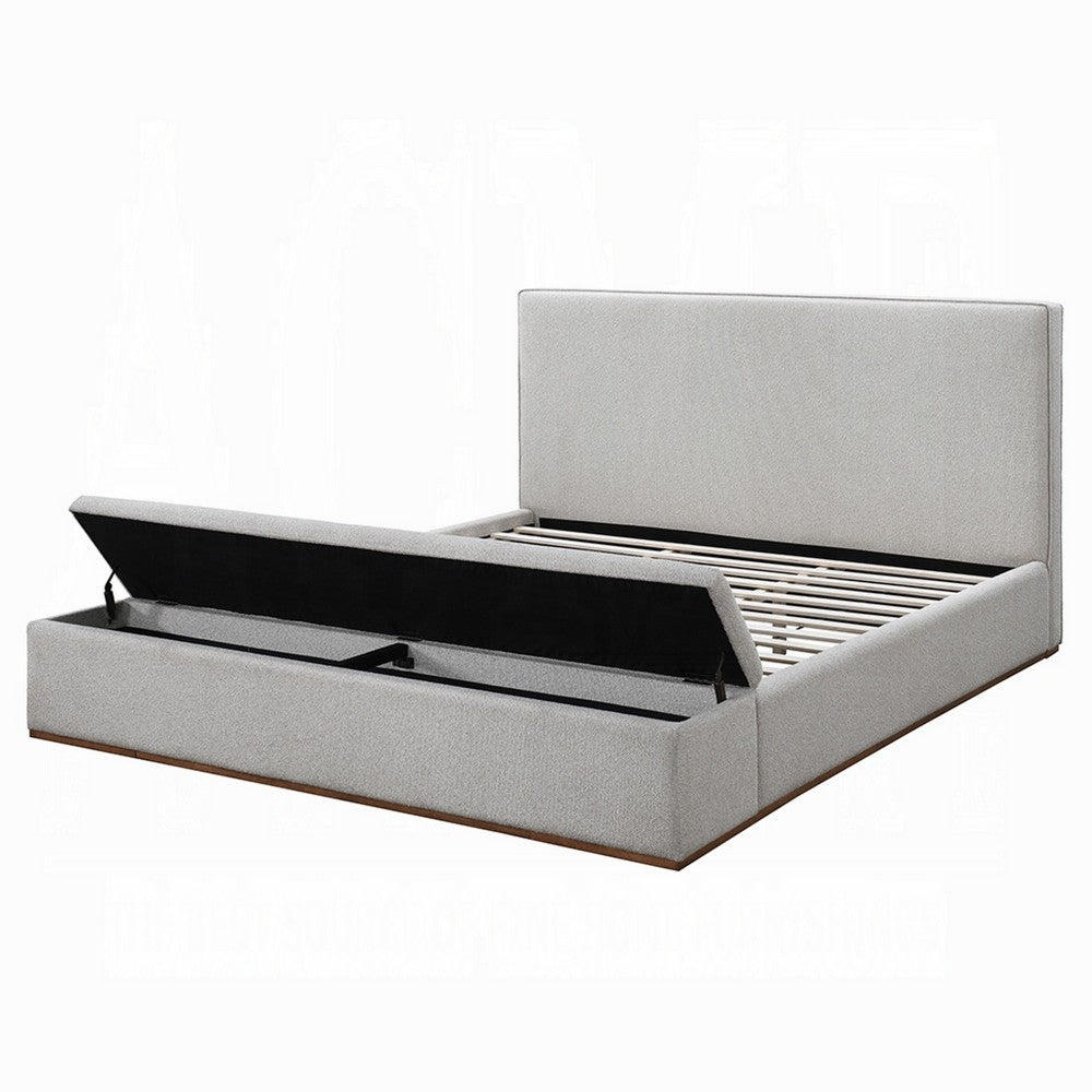 Bex Queen Platform Bed | Lift Top Storage Bench | Gray Linen Upholstery