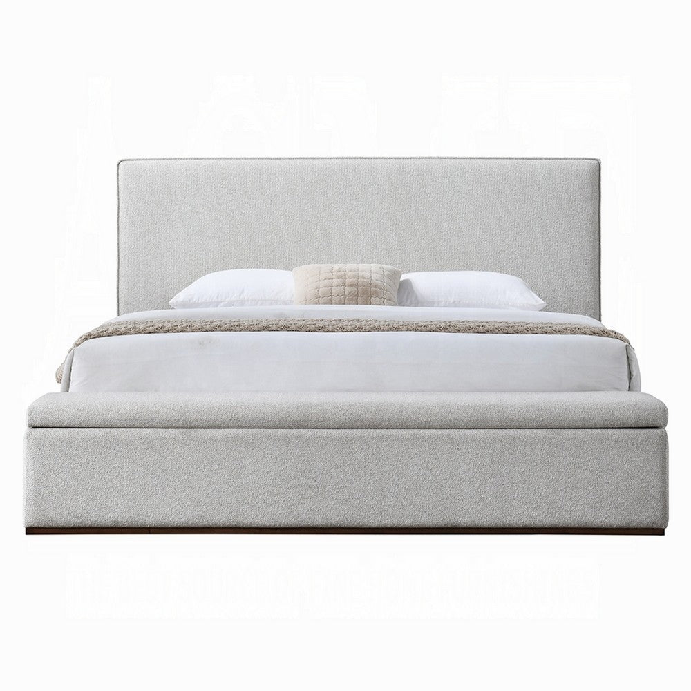 Bex Queen Platform Bed | Lift Top Storage Bench | Gray Linen Upholstery