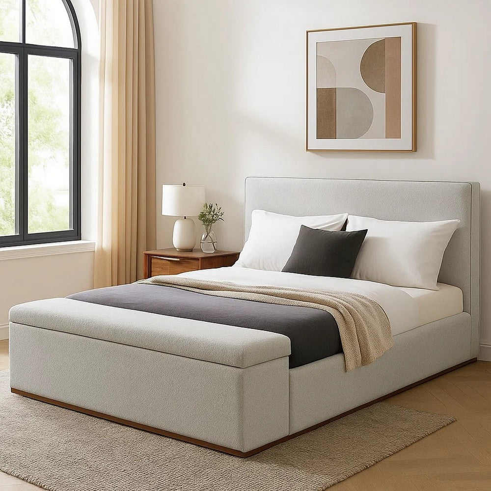 Bex Queen Platform Bed | Lift Top Storage Bench | Gray Linen Upholstery